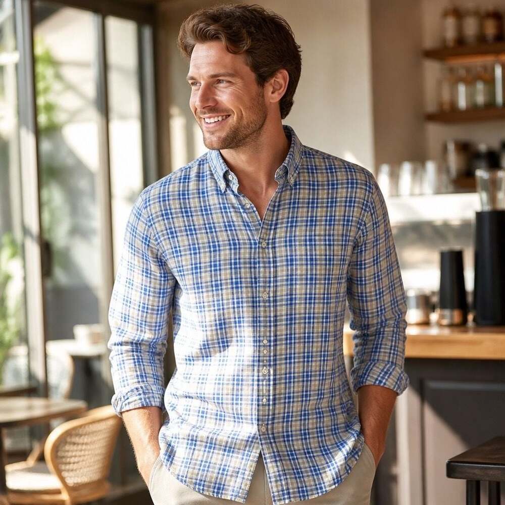 Ledbury Slim Fit Blue Beige Plaid 100% Linen Button Down Shirt Size 15.5